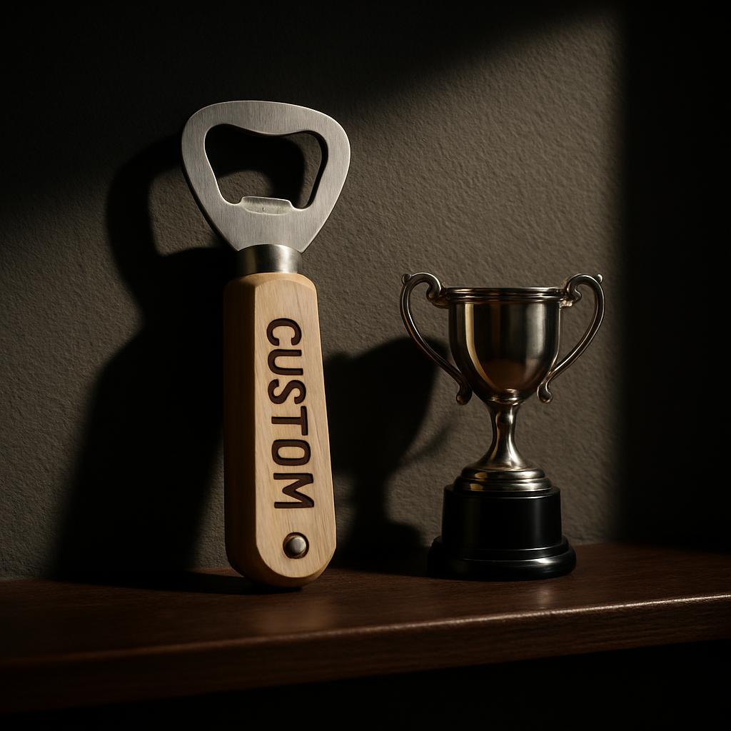 A premium bottle opener with a stainless steel head and a custom engraved wooden handle, displayed on a dark surface along...